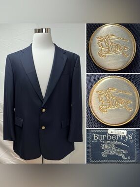 Burberry Men’s 46R Navy Wool Gold Silver Button Blazer Jacket Vintage Sport Coat
